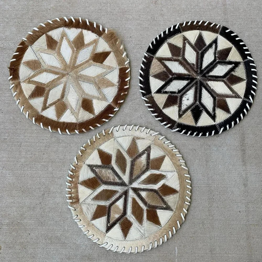 Star Design Cowhide and Leather Laced Table Mats Made in Brazil 12” Southwestern